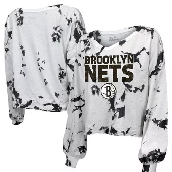 Majestic Women's White Black Brooklyn  Tie-Dye Crop V-Neck Long Sleeve T-shirt - Picture 1 of 7